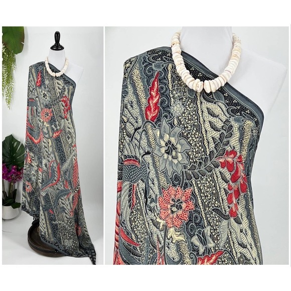 Red Beige Gray Hawaiian Tropical Floral MAXI SARONG Kīkepa Pareo Beach Wrap - Picture 3 of 4